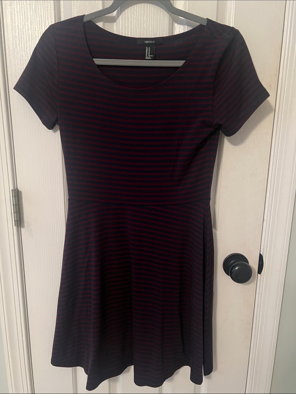 Forever 21 Navy and Burgundy Striped Short Sleeve Skater Dress
